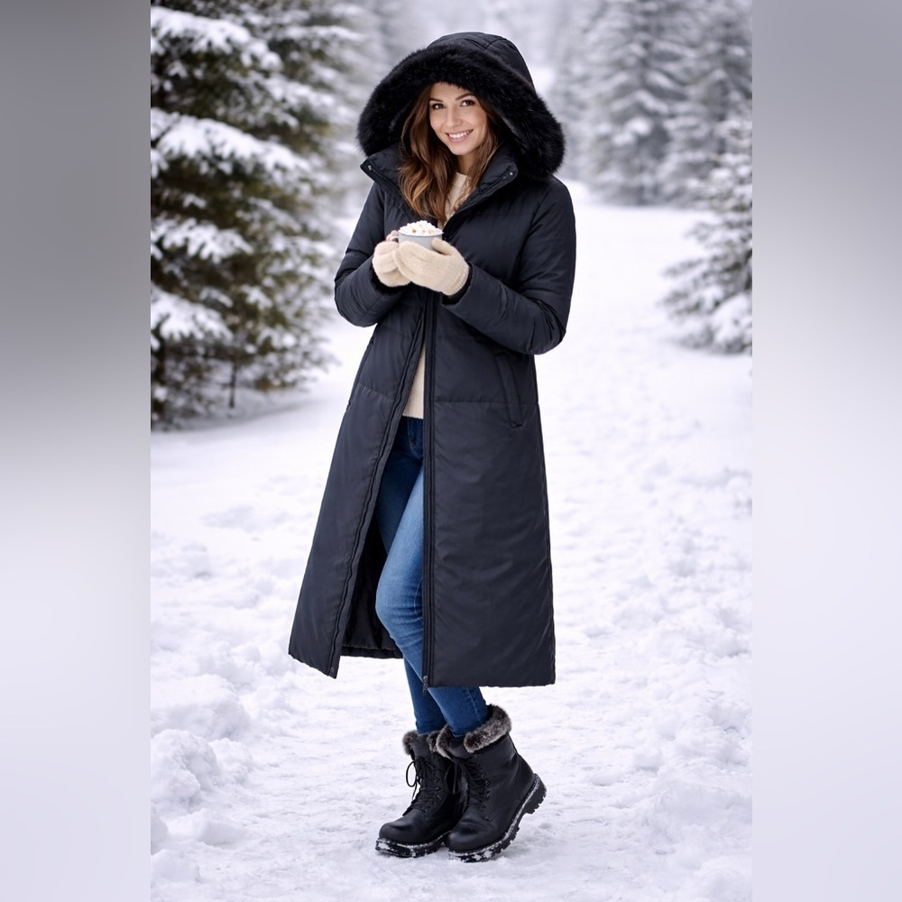 VTG Ralph Lauren Nylon Down Feather Faux Fur Hood Long Black Coat Medium‌‍‍‍ Y2K